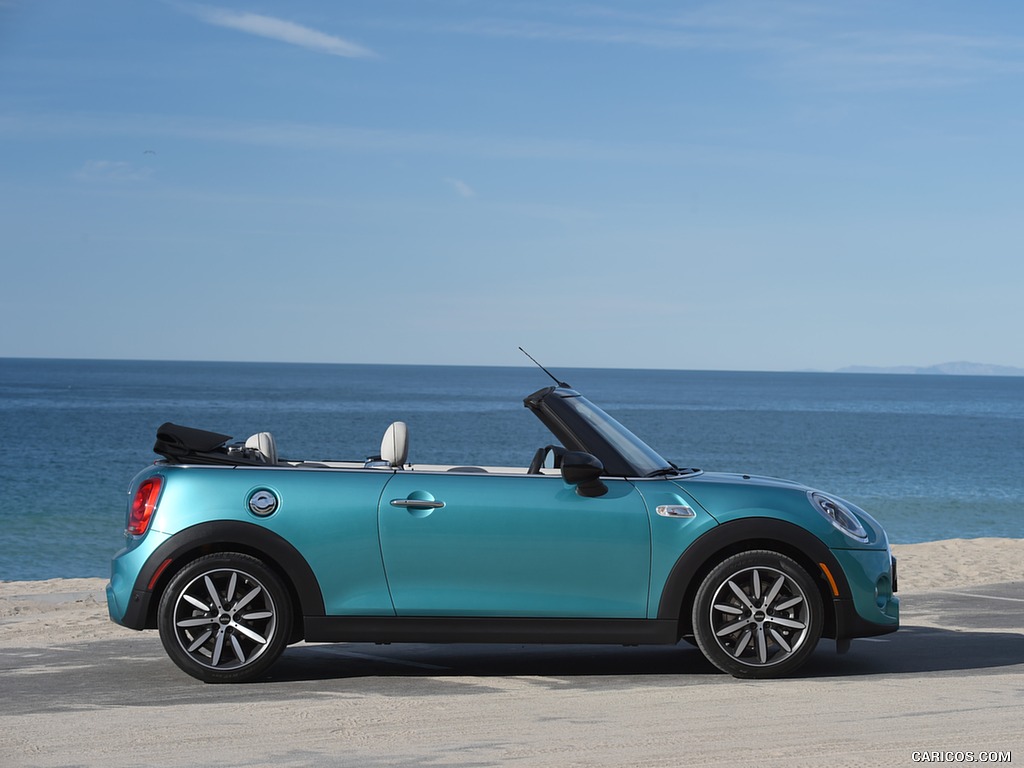 2016 MINI Cooper S Convertible (Color: Caribbean Aqua Metallic) - Top Down - Side