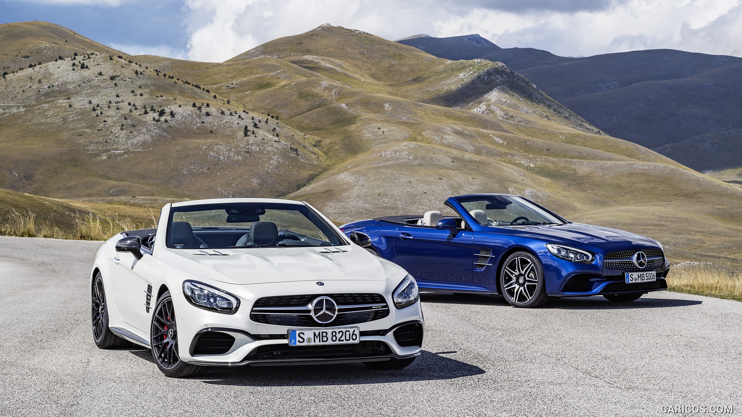 2017 Mercedes-AMG SL 63 (Color: Diamond White) and Mercedes-Benz SL500 AMG Line (Color: Brilliant Blue) - Front, #18 of 39