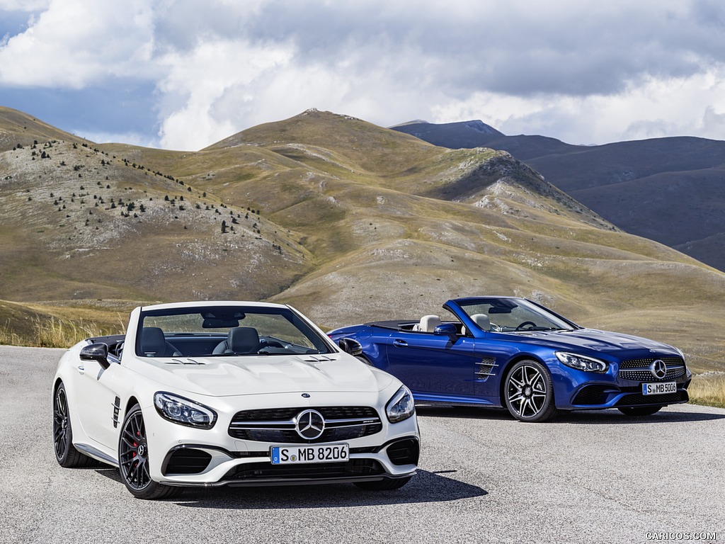 2017 Mercedes-AMG SL 63 (Color: Diamond White) and Mercedes-Benz SL500 AMG Line (Color: Brilliant Blue) - Front