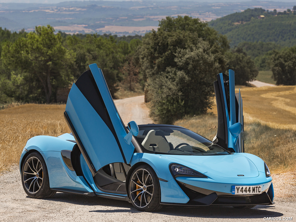 2018 McLaren 570S Spider (Color: Curacao Blue) - Doors Up - Front Three-Quarter