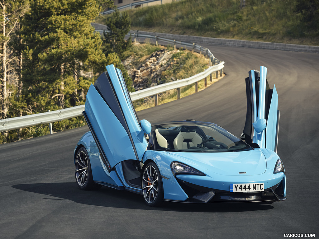 2018 McLaren 570S Spider (Color: Curacao Blue) - Doors Up - Front Three-Quarter