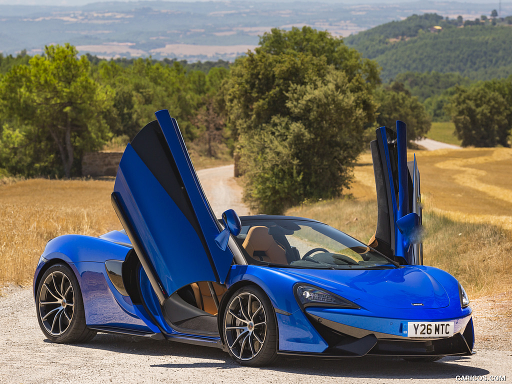 2018 McLaren 570S Spider (Color: Vega Blue) - Doors Up - Front Three-Quarter