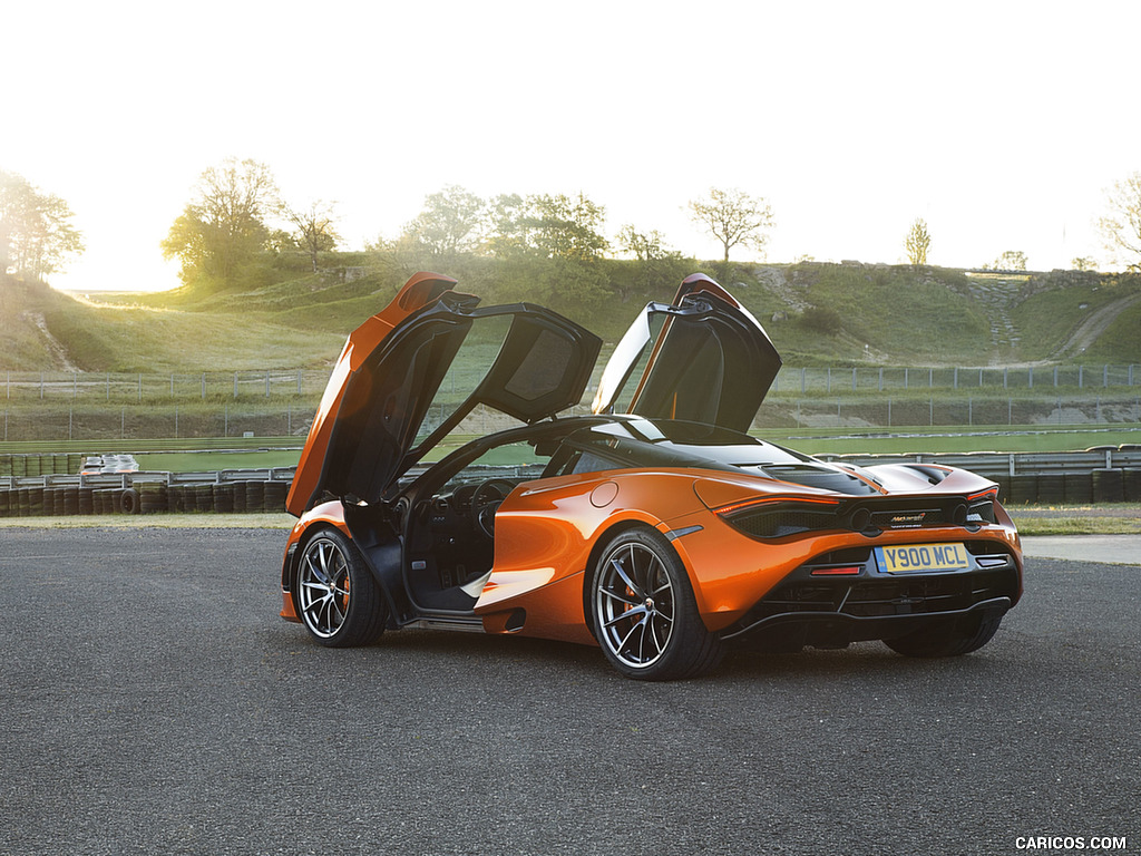 2018 McLaren 720S (Color: Azores Orange) - Doors Up - Rear Three-Quarter