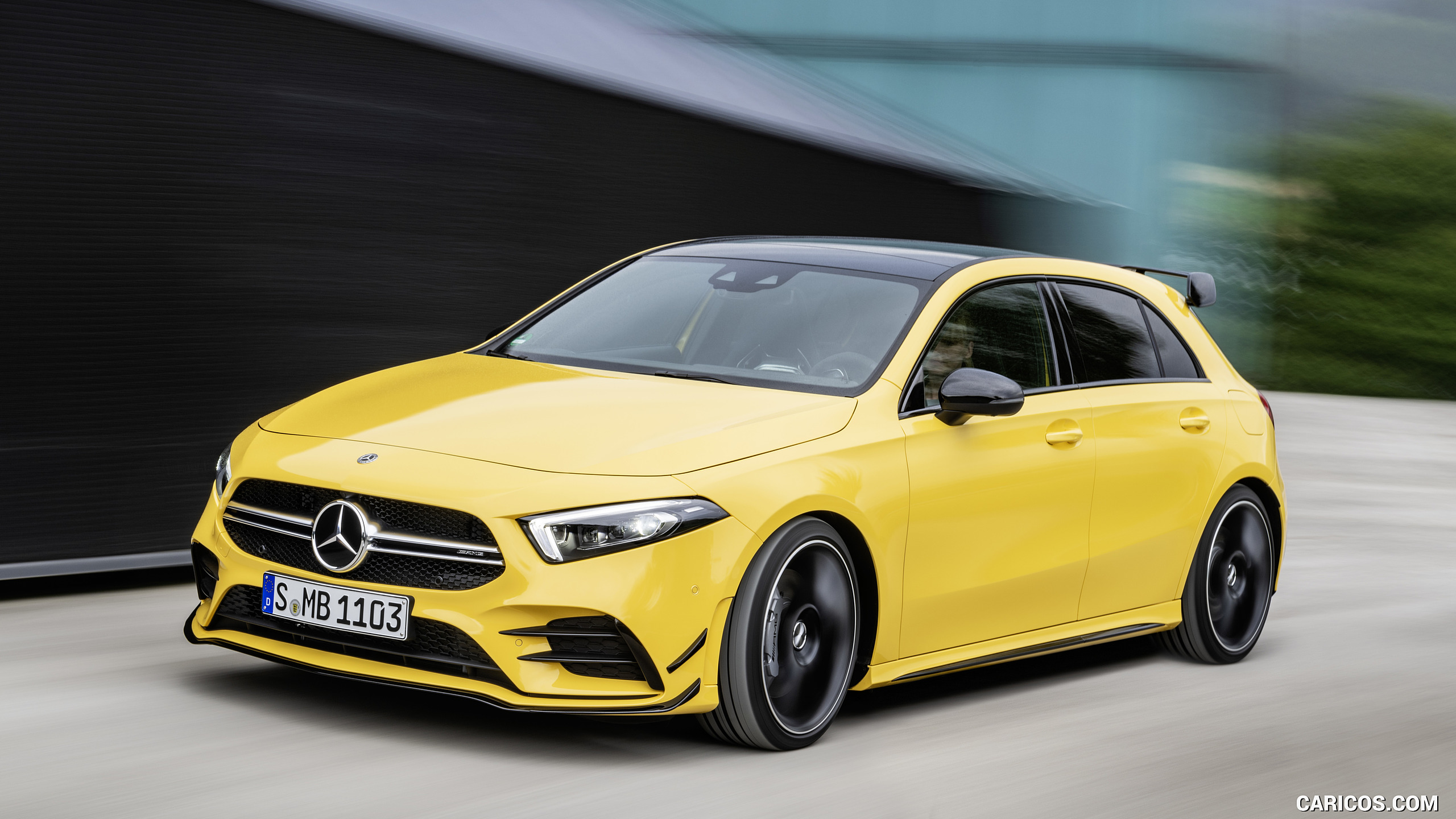 2019 Mercedes-AMG A 35 4MATIC (Color: Sun Yellow) - Front Three-Quarter, #10 of 30