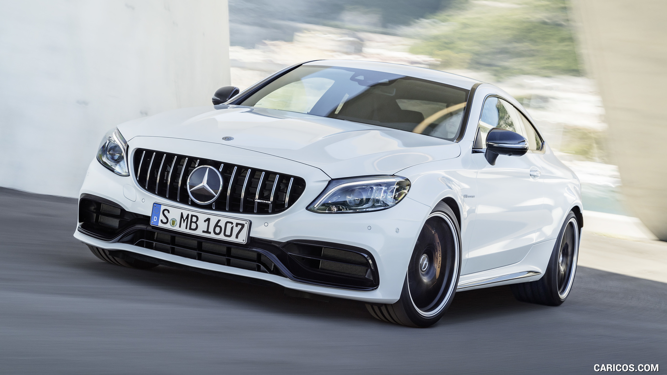 2019 Mercedes-AMG C 63 S Coupe with Night package and Carbon-package II (Color: Designo Diamond White Bright) - Front, #9 of 106