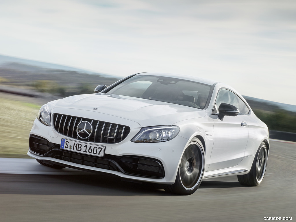 2019 Mercedes-AMG C 63 S Coupe with Night package and Carbon-package II (Color: Designo Diamond White Bright) - Front