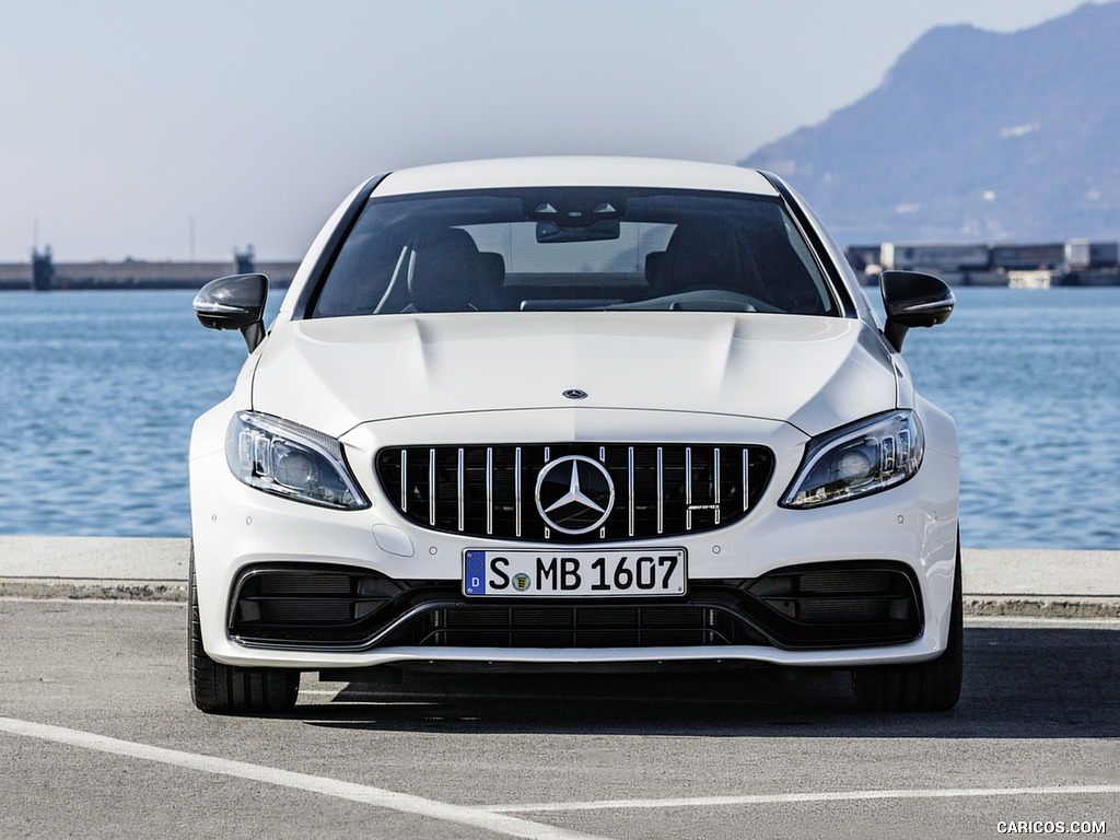 2019 Mercedes-AMG C 63 S Coupe with Night package and Carbon-package II (Color: Designo Diamond White Bright) - Front