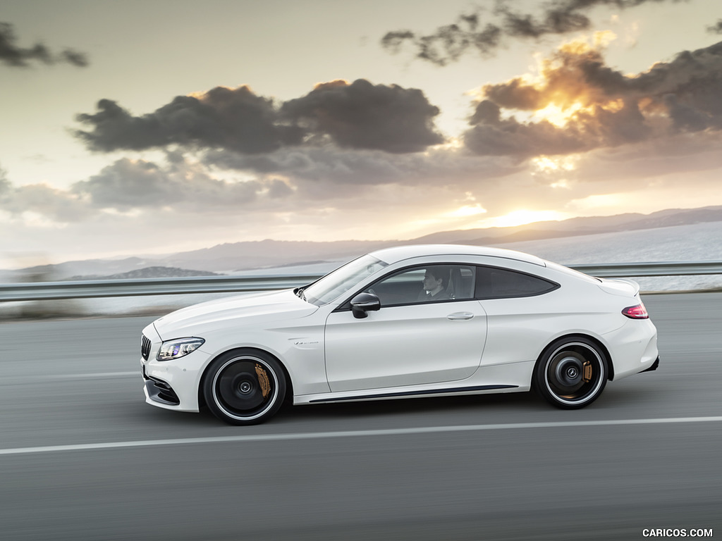 2019 Mercedes-AMG C 63 S Coupe with Night package and Carbon-package II (Color: Designo Diamond White Bright) - Side