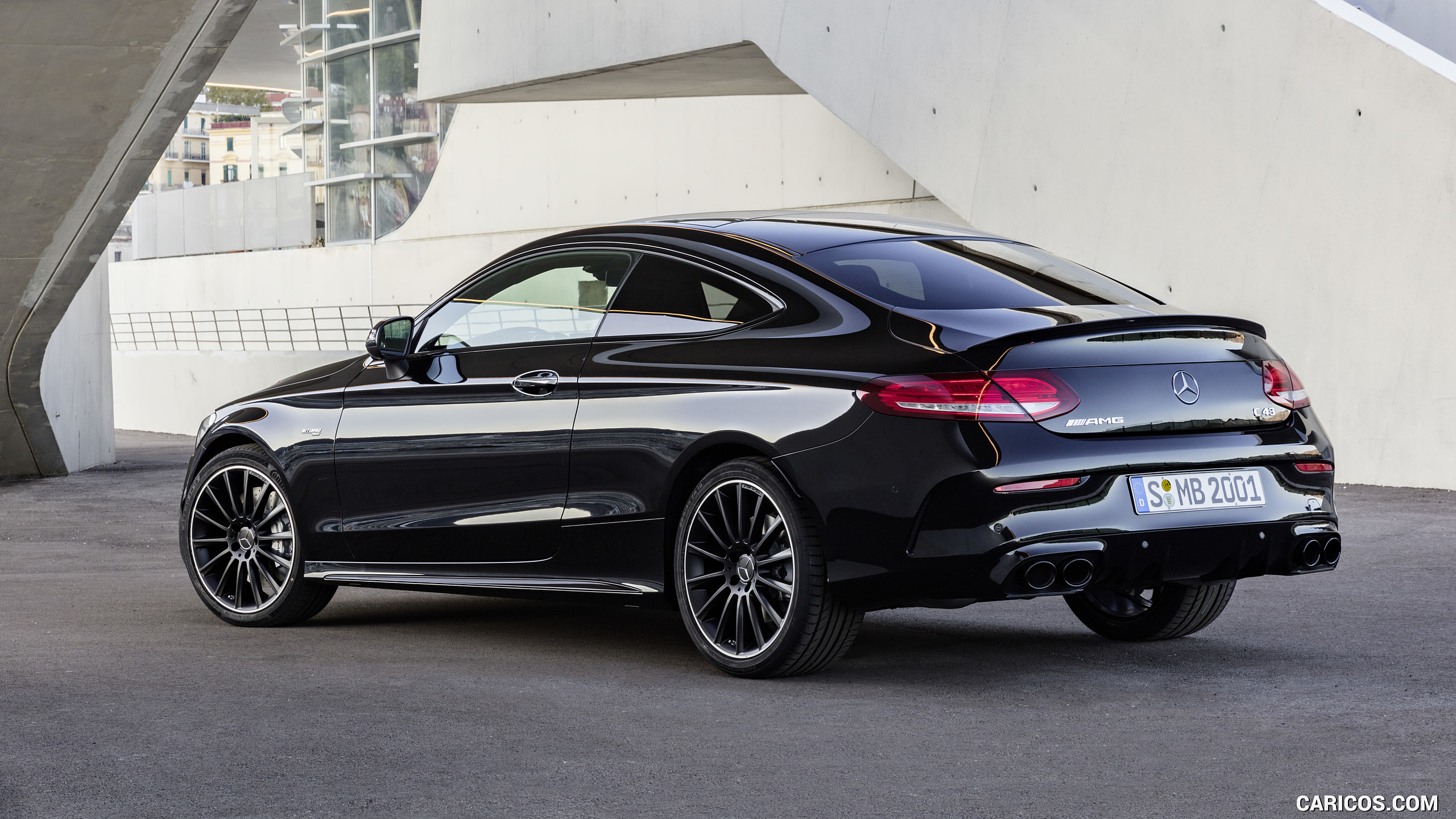 2019 Mercedes-AMG C43 Coupe 4MATIC Night Package and AMG Carbon-Package II (Color: Obsidian Black Metallic) - Rear Three-Quarter, #21 of 184