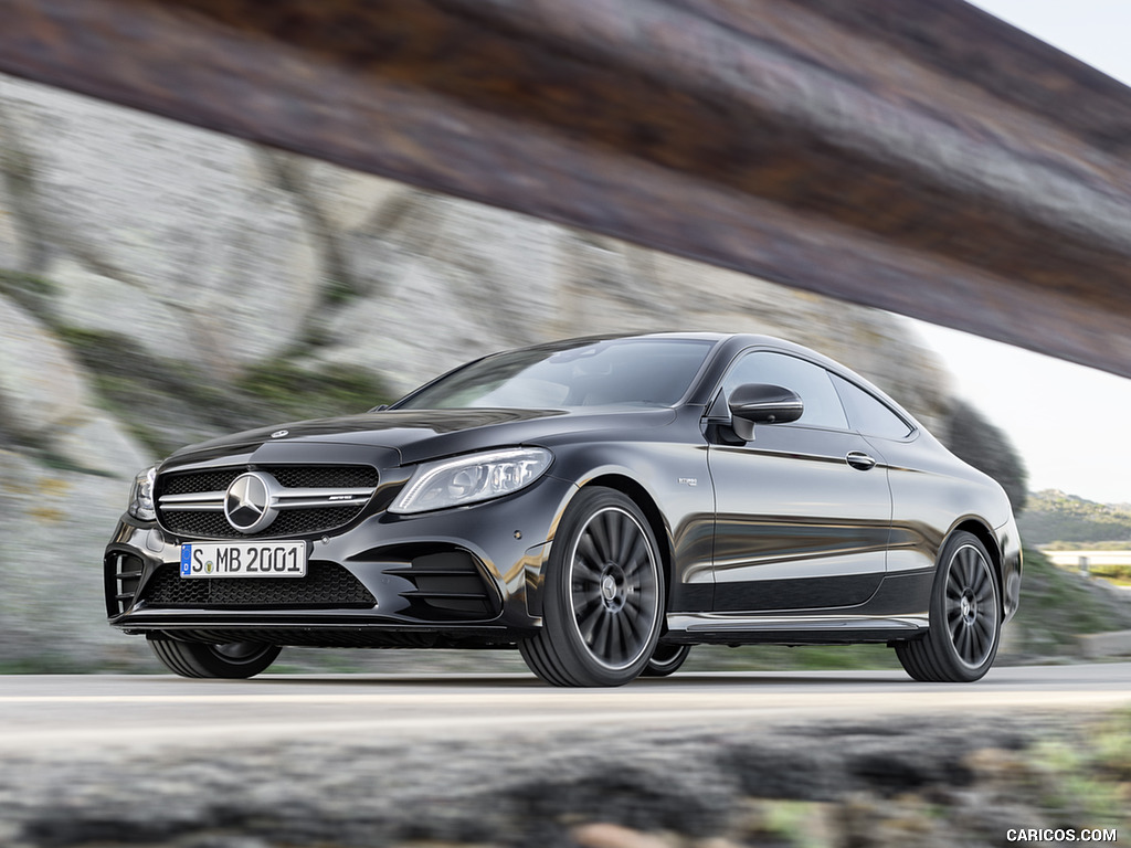 2019 Mercedes-AMG C43 Coupe 4MATIC Night Package and AMG Carbon-Package II (Color: Obsidian Black Metallic) - Front Three-Quarter