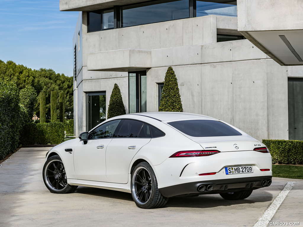 2019 Mercedes-AMG GT 53 4MATIC+ 4-Door Coupe (Color: Designo Diamond White Bright) - Rear Three-Quarter