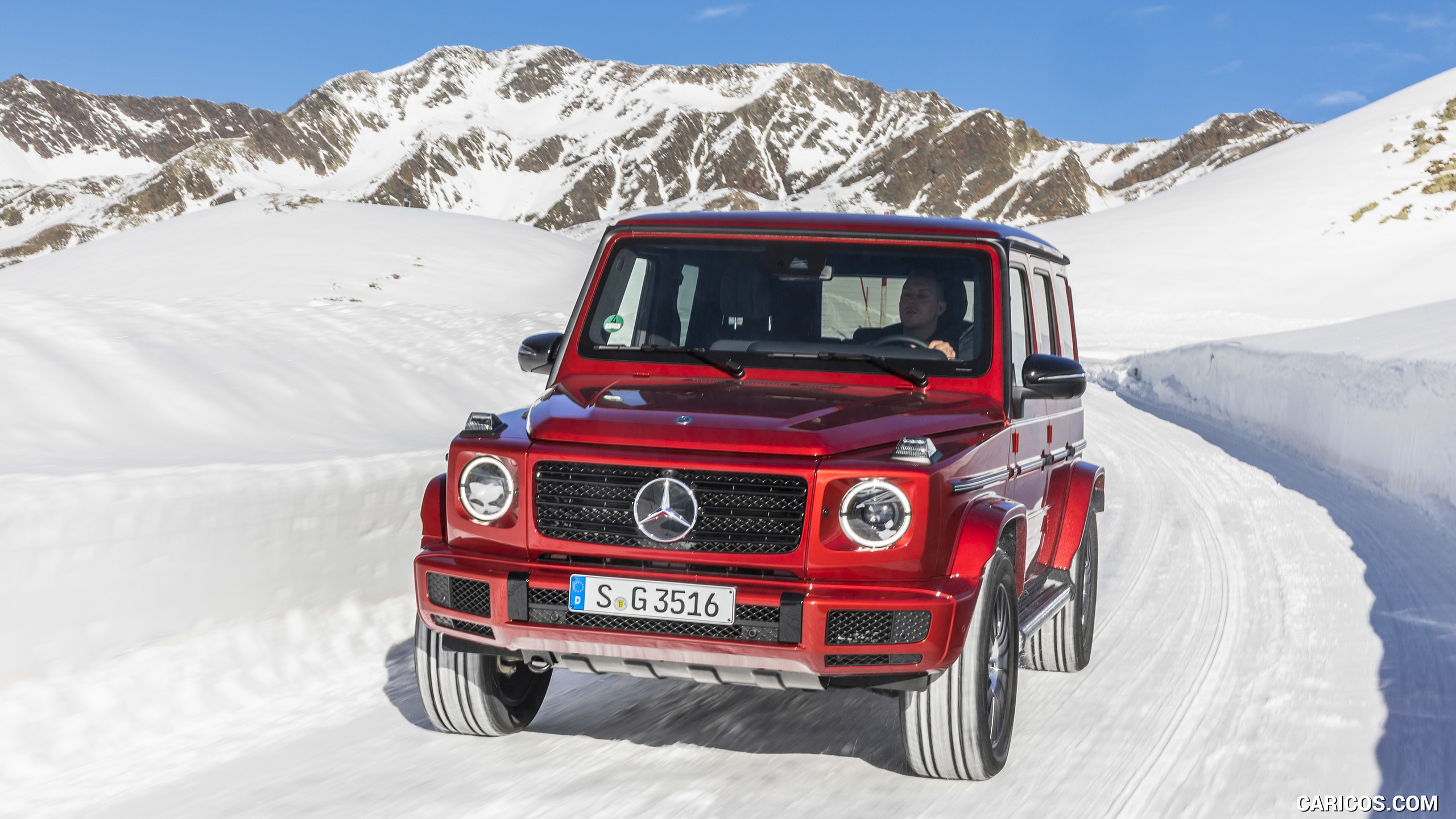 2019 Mercedes-Benz G 350 d (Designo Hyazinth Red Metallic) - In Snow - Front, #1 of 51