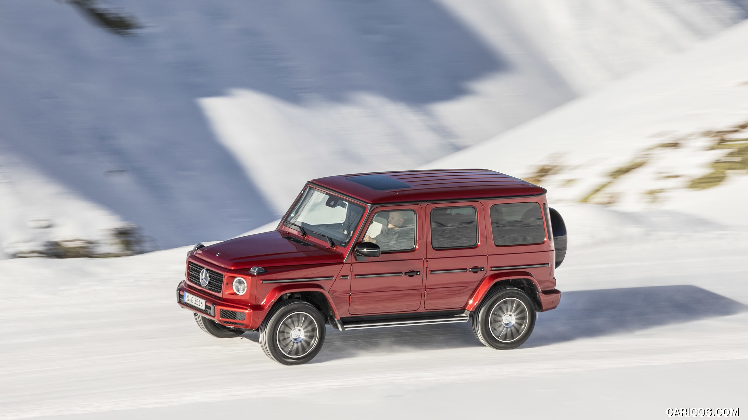 2019 Mercedes-Benz G 350 d (Designo Hyazinth Red Metallic) - In Snow - Front Three-Quarter, #4 of 51