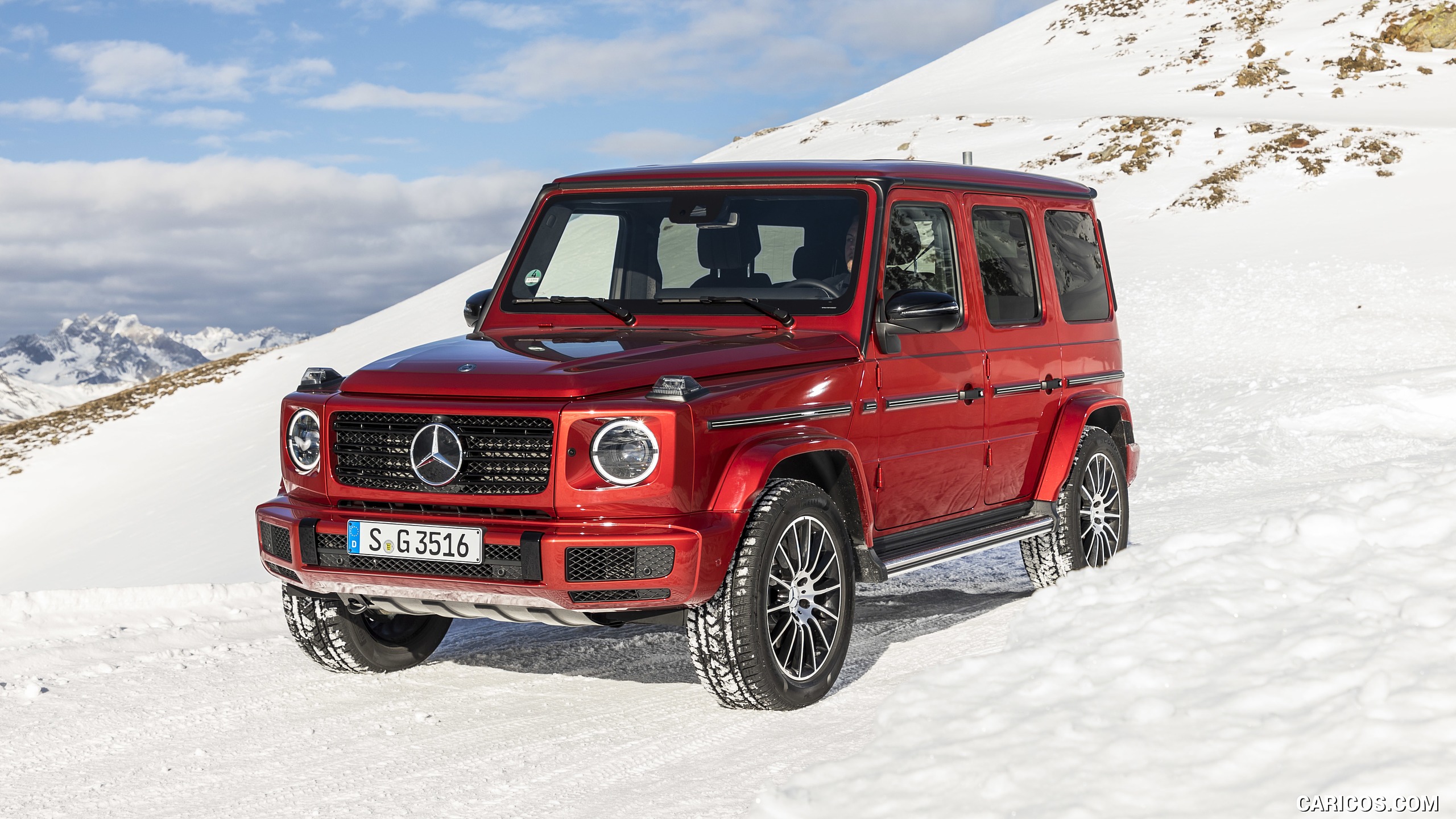 2019 Mercedes-Benz G 350 d (Designo Hyazinth Red Metallic) - In Snow - Front Three-Quarter, #8 of 51