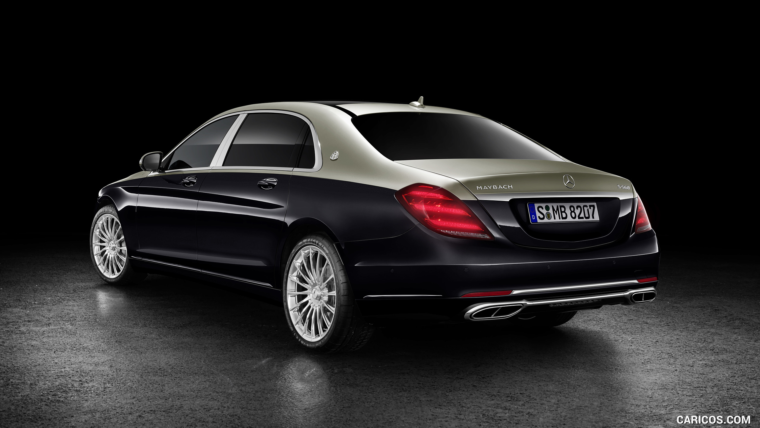 2019 Mercedes-Maybach S 560 (Color: Aragonite Silver / Anthracite Blue) - Rear Three-Quarter, #2 of 3