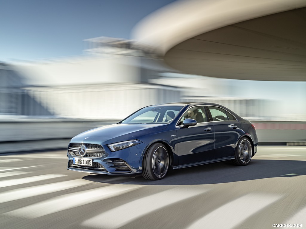 2020 Mercedes-AMG A 35 Sedan 4MATIC (Color: Denim Blue) - Front Three-Quarter