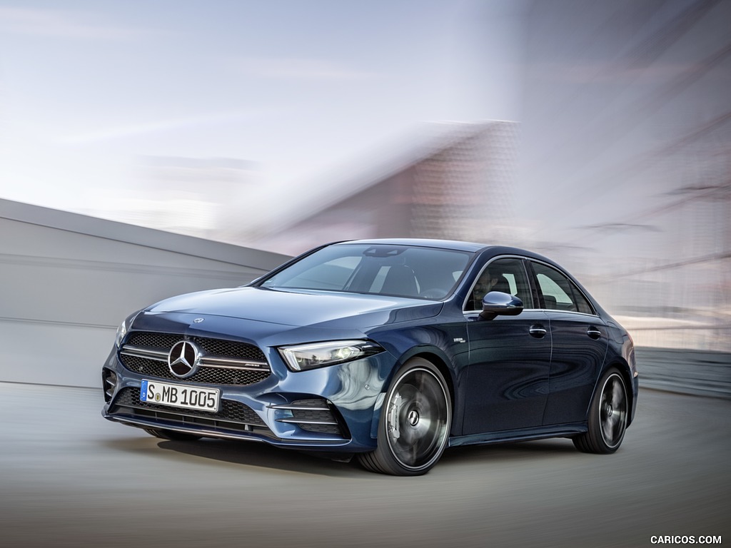 2020 Mercedes-AMG A 35 Sedan 4MATIC (Color: Denim Blue) - Front Three-Quarter