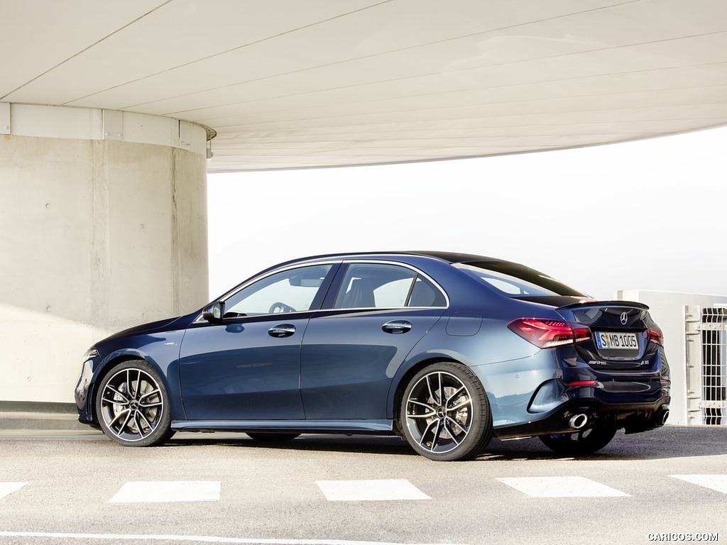 2020 Mercedes-AMG A 35 Sedan 4MATIC (Color: Denim Blue) - Rear Three-Quarter