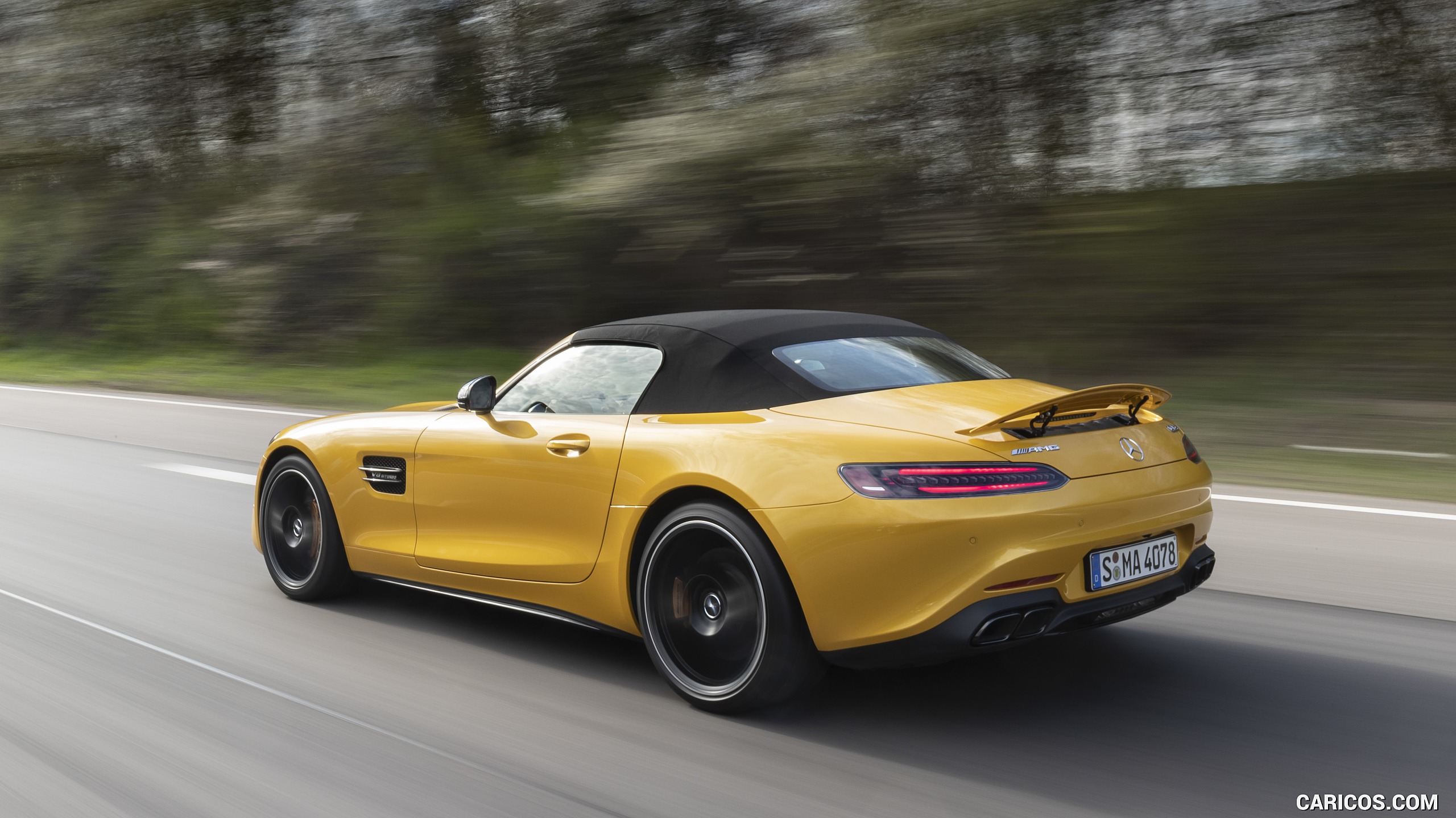 2020 Mercedes-AMG GT S Roadster (Color: AMG Solarbeam) - Rear Three-Quarter, #88 of 328