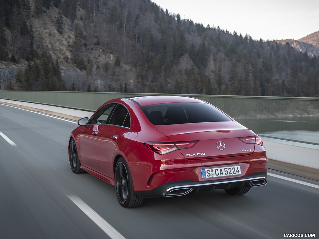 2020 Mercedes-Benz CLA 250 4MATIC Coupe AMG Line (Color: Jupiter Red) - Rear Three-Quarter