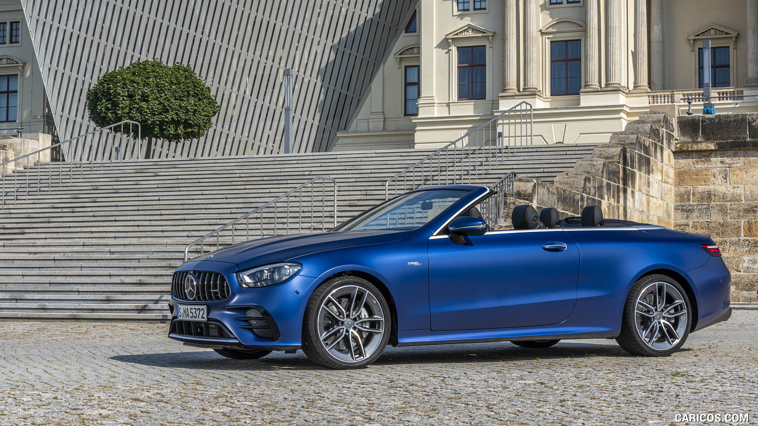 2021 Mercedes-AMG E 53 4MATIC+ Cabriolet (Color: Magno Brilliant Blue) - Front Three-Quarter, #27 of 166