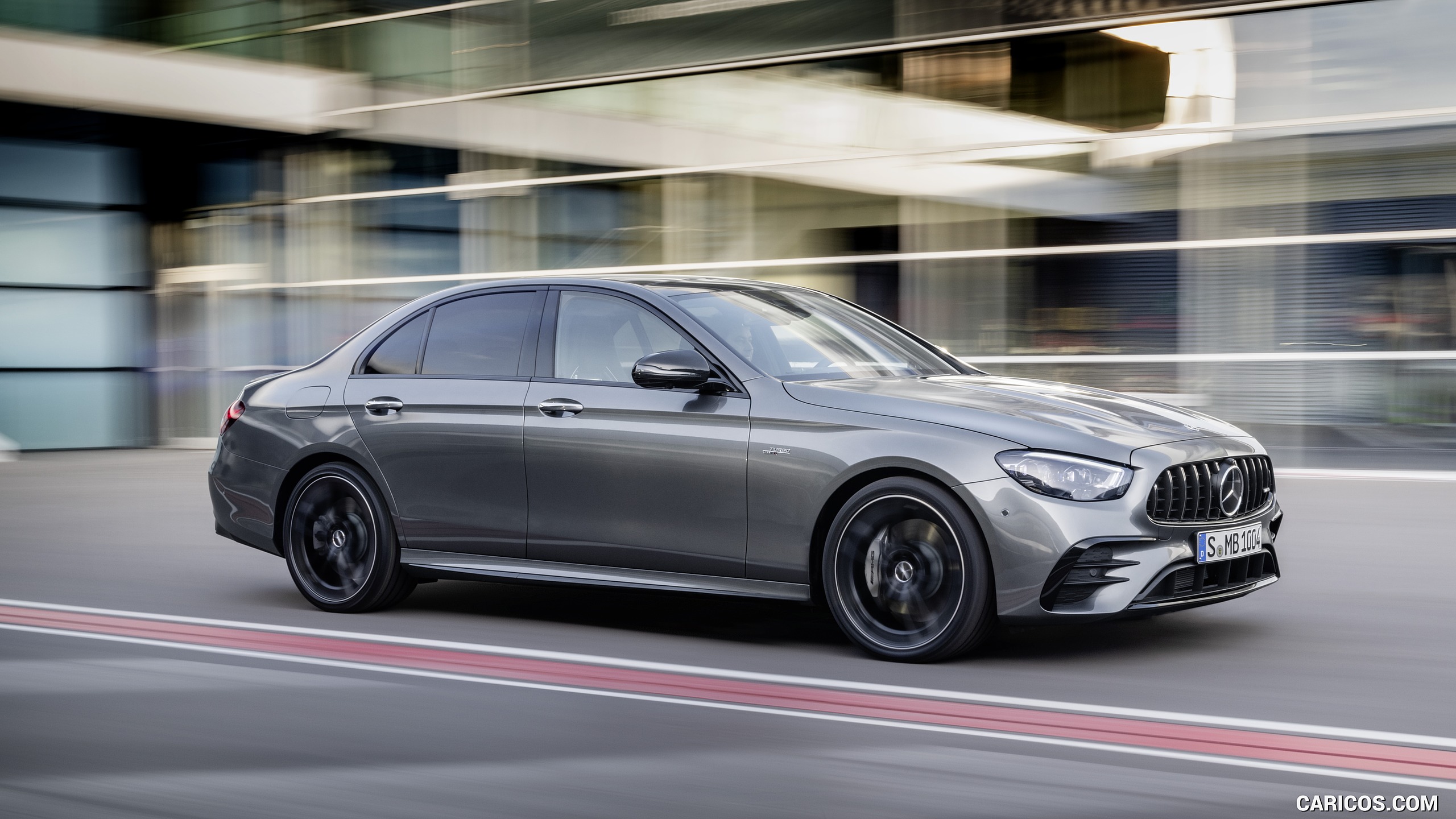 2021 Mercedes-AMG E 53 4MATIC+ Night Package (Color: Selenite Grey Metallic) - Front Three-Quarter, #3 of 21