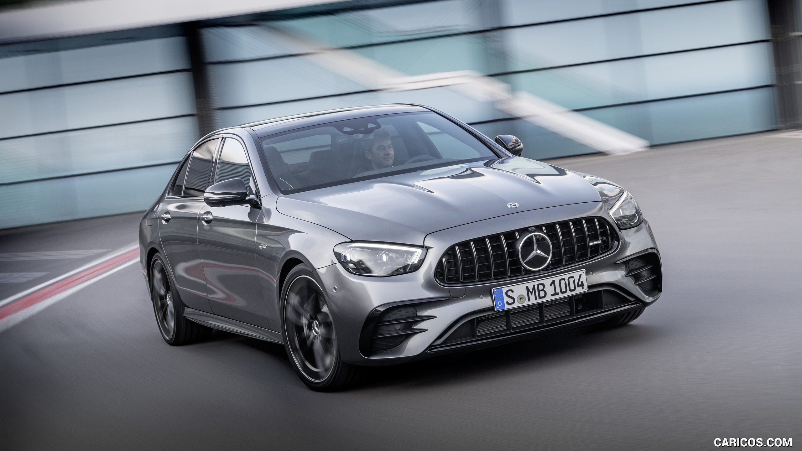 2021 Mercedes-AMG E 53 4MATIC+ Night Package (Color: Selenite Grey Metallic) - Front Three-Quarter, #4 of 21