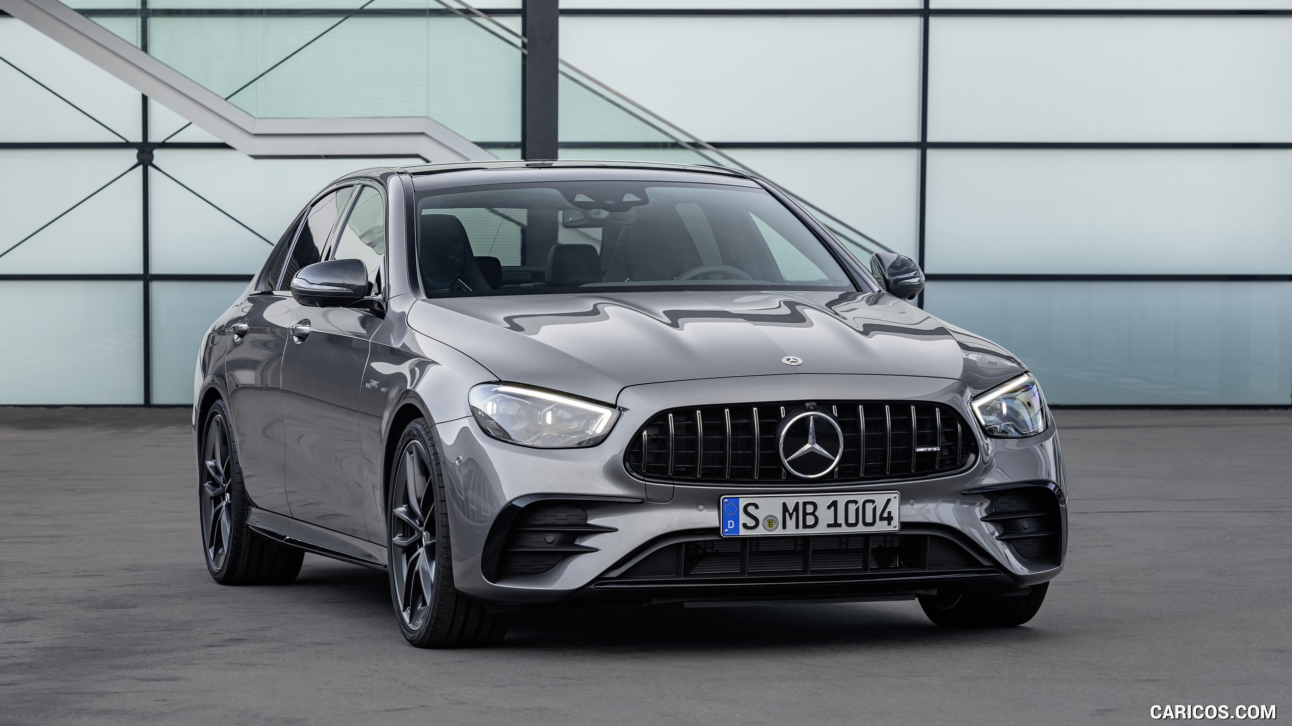 2021 Mercedes-AMG E 53 4MATIC+ Night Package (Color: Selenite Grey Metallic) - Front Three-Quarter, #8 of 21