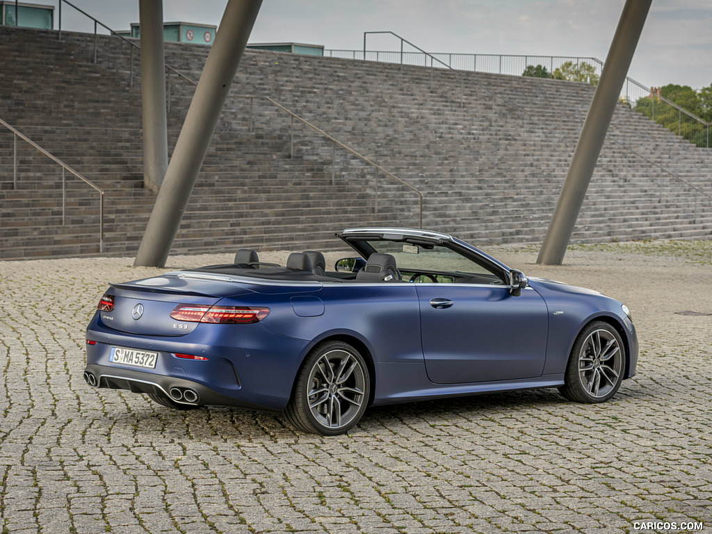 2021 Mercedes-AMG E 53 4MATIC+ Cabriolet (Color: Magno Brilliant Blue) - Rear Three-Quarter