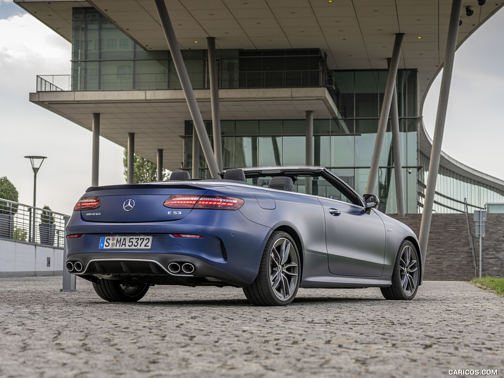 2021 Mercedes-AMG E 53 4MATIC+ Cabriolet (Color: Magno Brilliant Blue) - Rear Three-Quarter