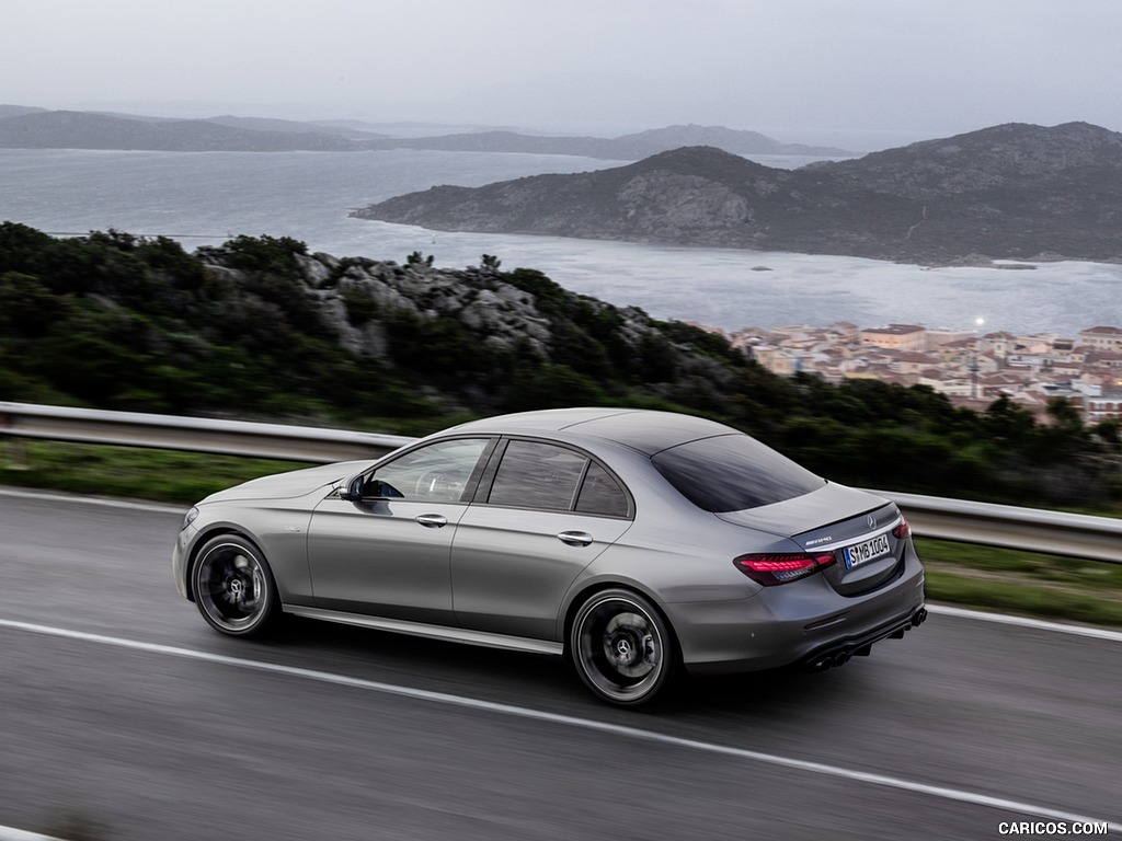 2021 Mercedes-AMG E 53 4MATIC+ Night Package (Color: Selenite Grey Metallic) - Rear Three-Quarter