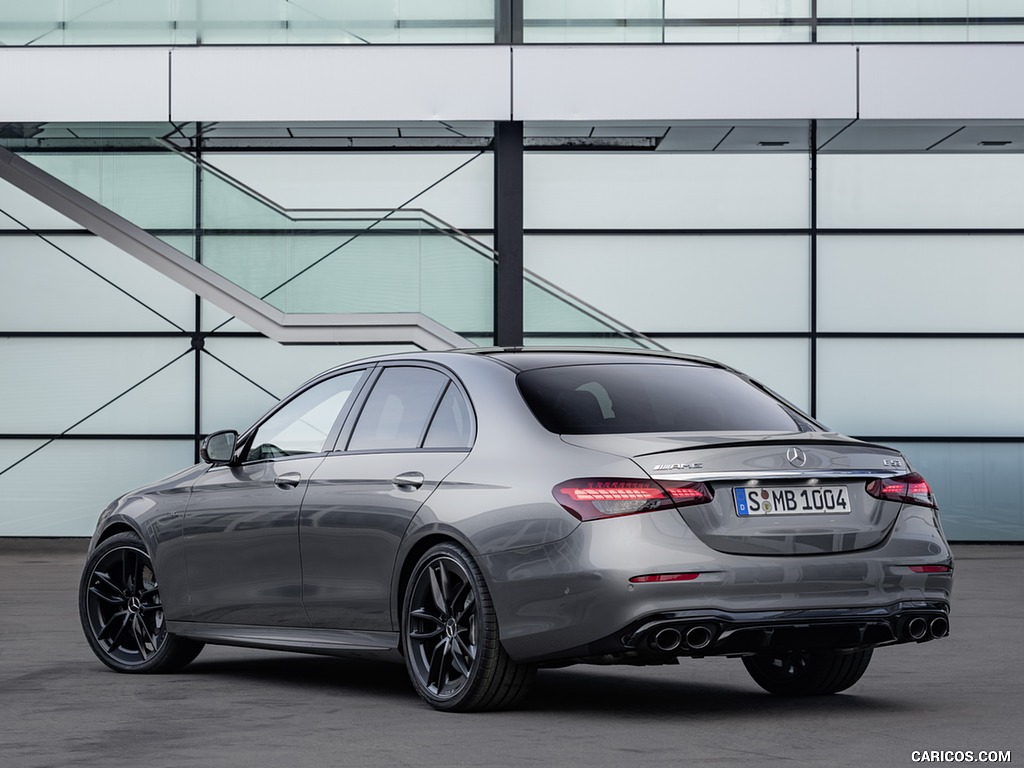 2021 Mercedes-AMG E 53 4MATIC+ Night Package (Color: Selenite Grey Metallic) - Rear Three-Quarter