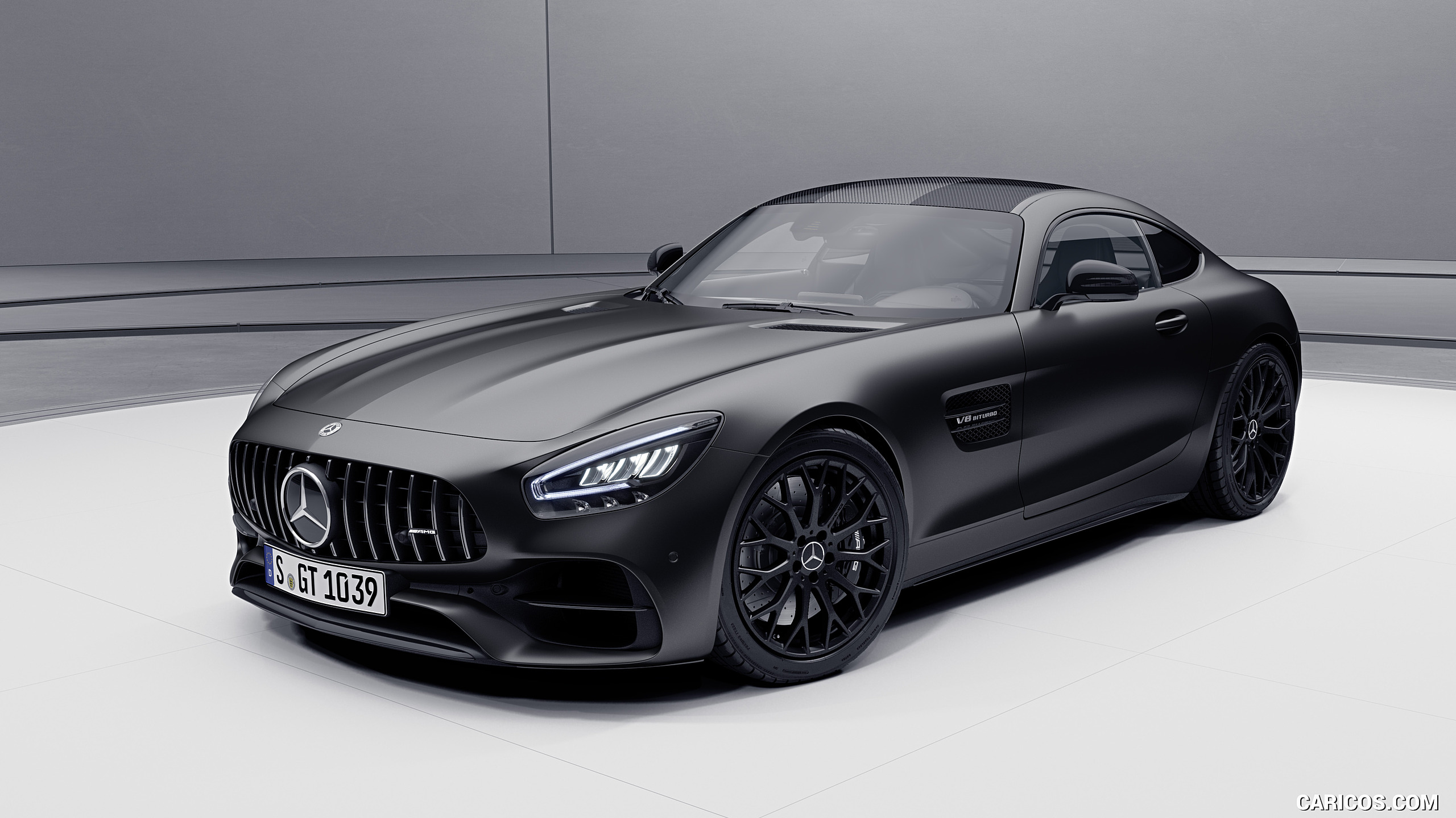 2021 Mercedes-AMG GT Coupe and Roadster Coupe Night Package (Color: Designo Graphite Grey Magno) - Front Three-Quarter, #8 of 12