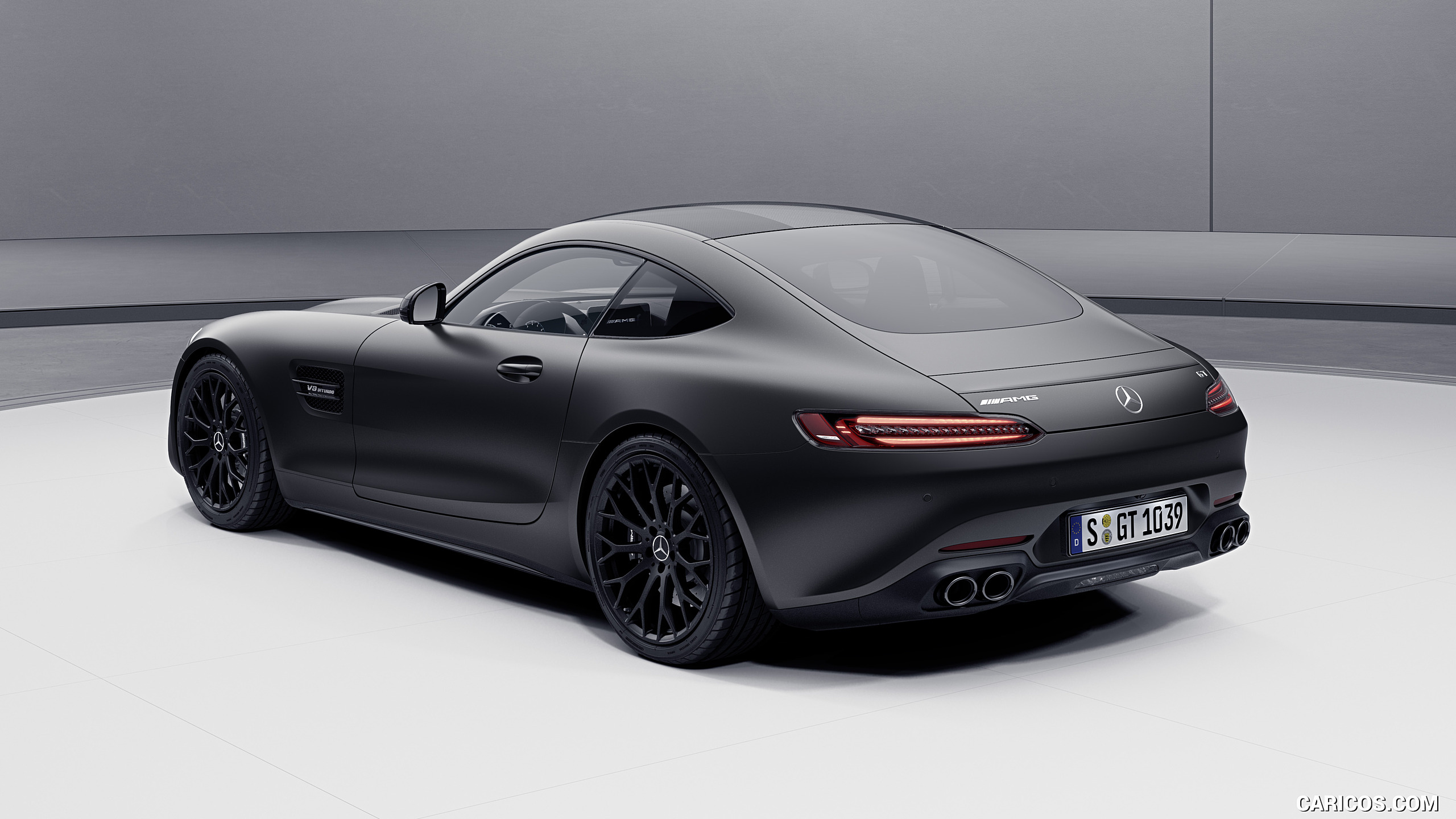 2021 Mercedes-AMG GT Coupe and Roadster Coupe Night Package (Color: Designo Graphite Grey Magno) - Rear Three-Quarter, #10 of 12