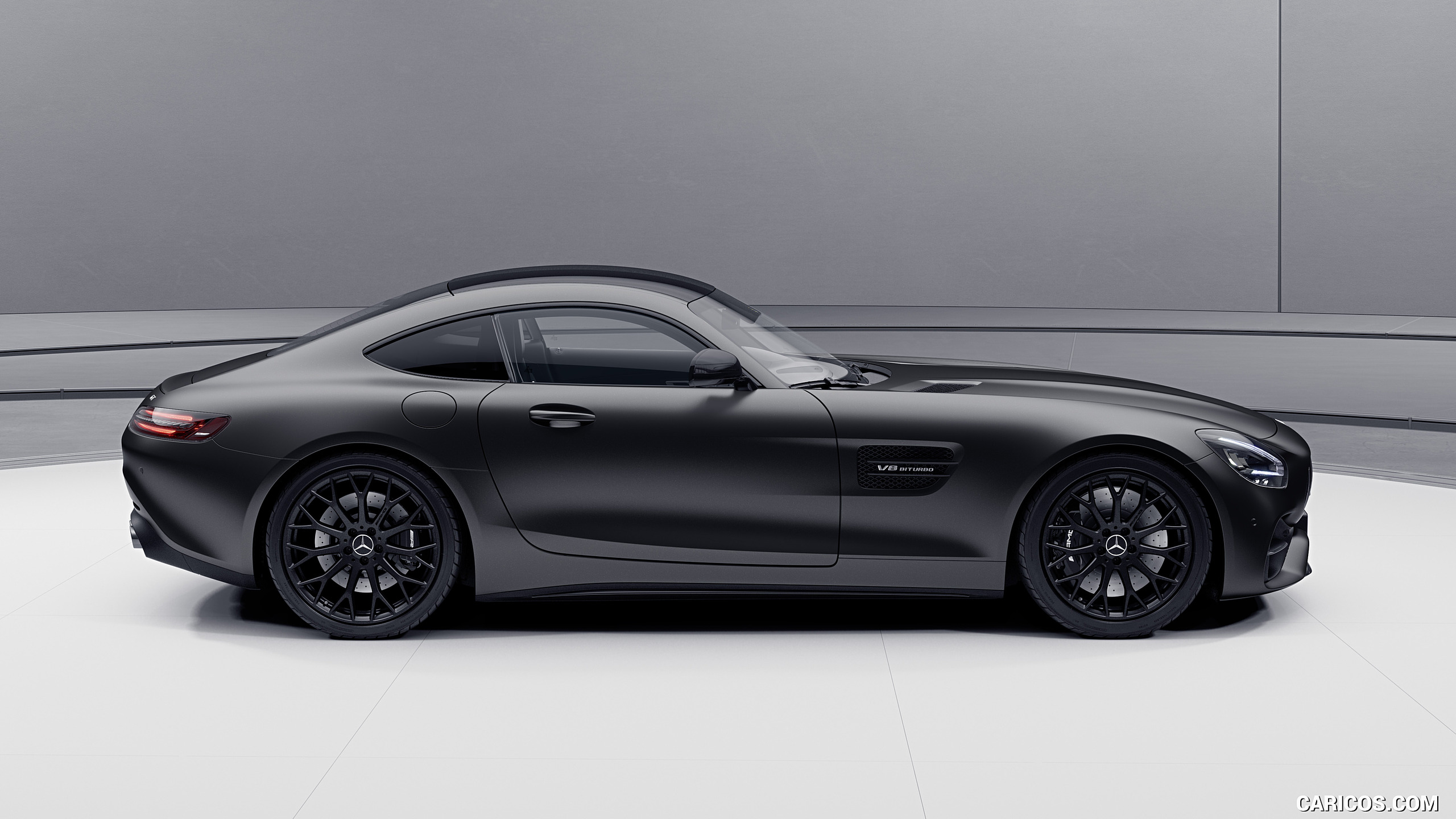 2021 Mercedes-AMG GT Coupe and Roadster Coupe Night Package (Color: Designo Graphite Grey Magno) - Side, #9 of 12