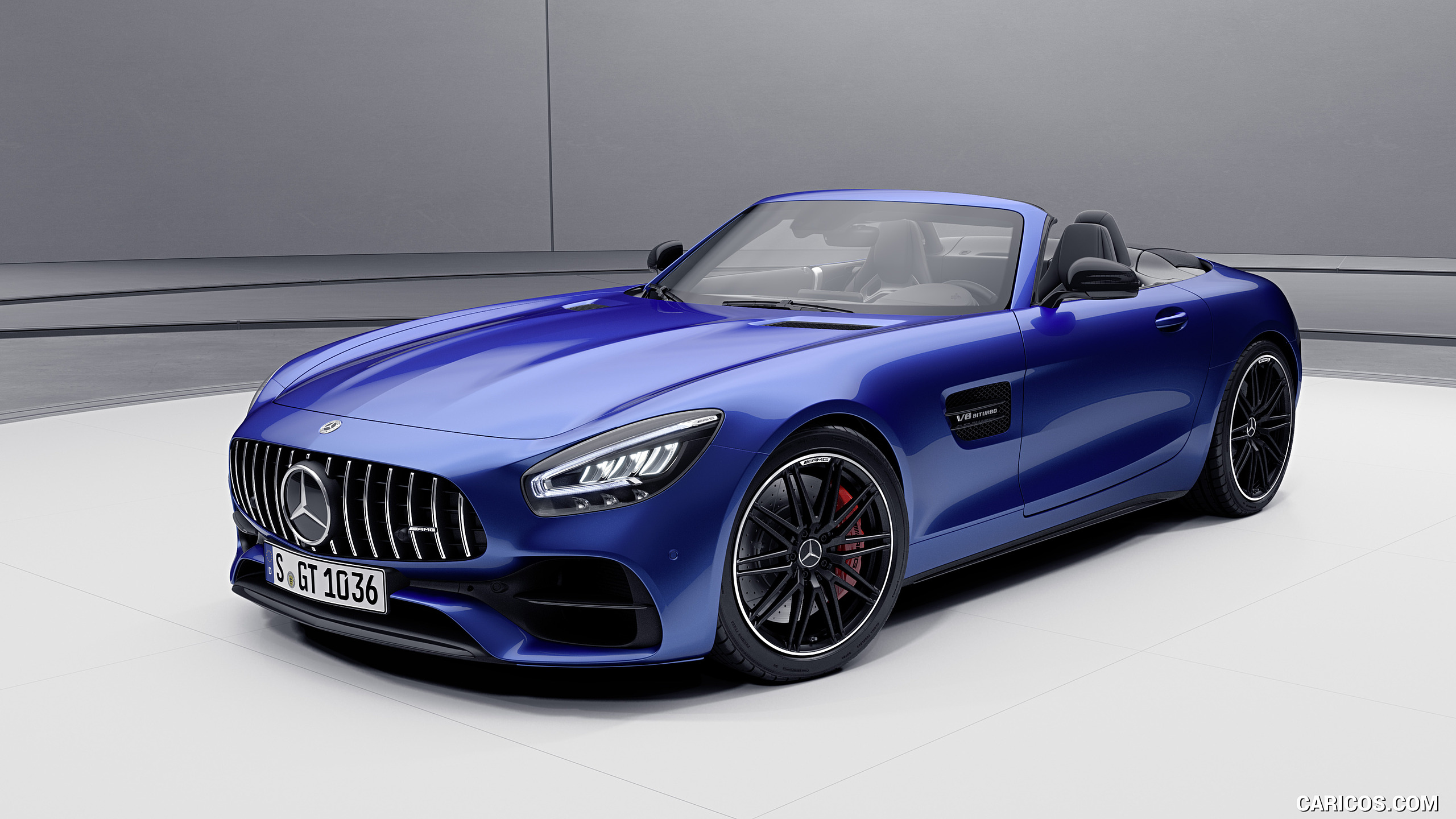 2021 Mercedes-AMG GT Coupe and Roadster Roadster Night Package (Color: Brillant Blue) - Front Three-Quarter, #1 of 12