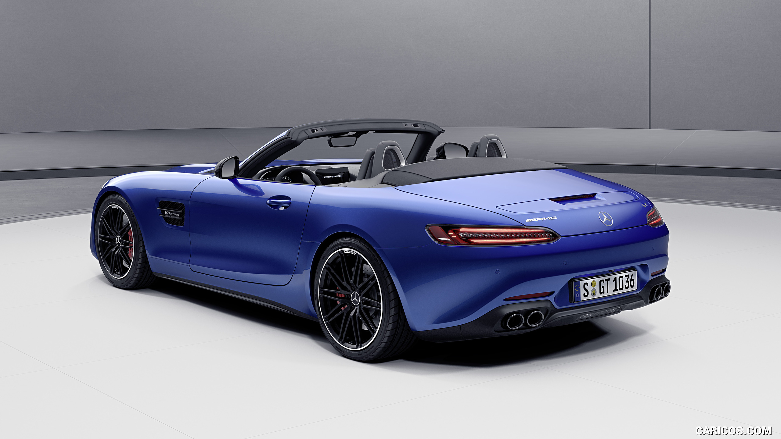 2021 Mercedes-AMG GT Coupe and Roadster Roadster Night Package (Color: Brillant Blue) - Rear Three-Quarter, #2 of 12