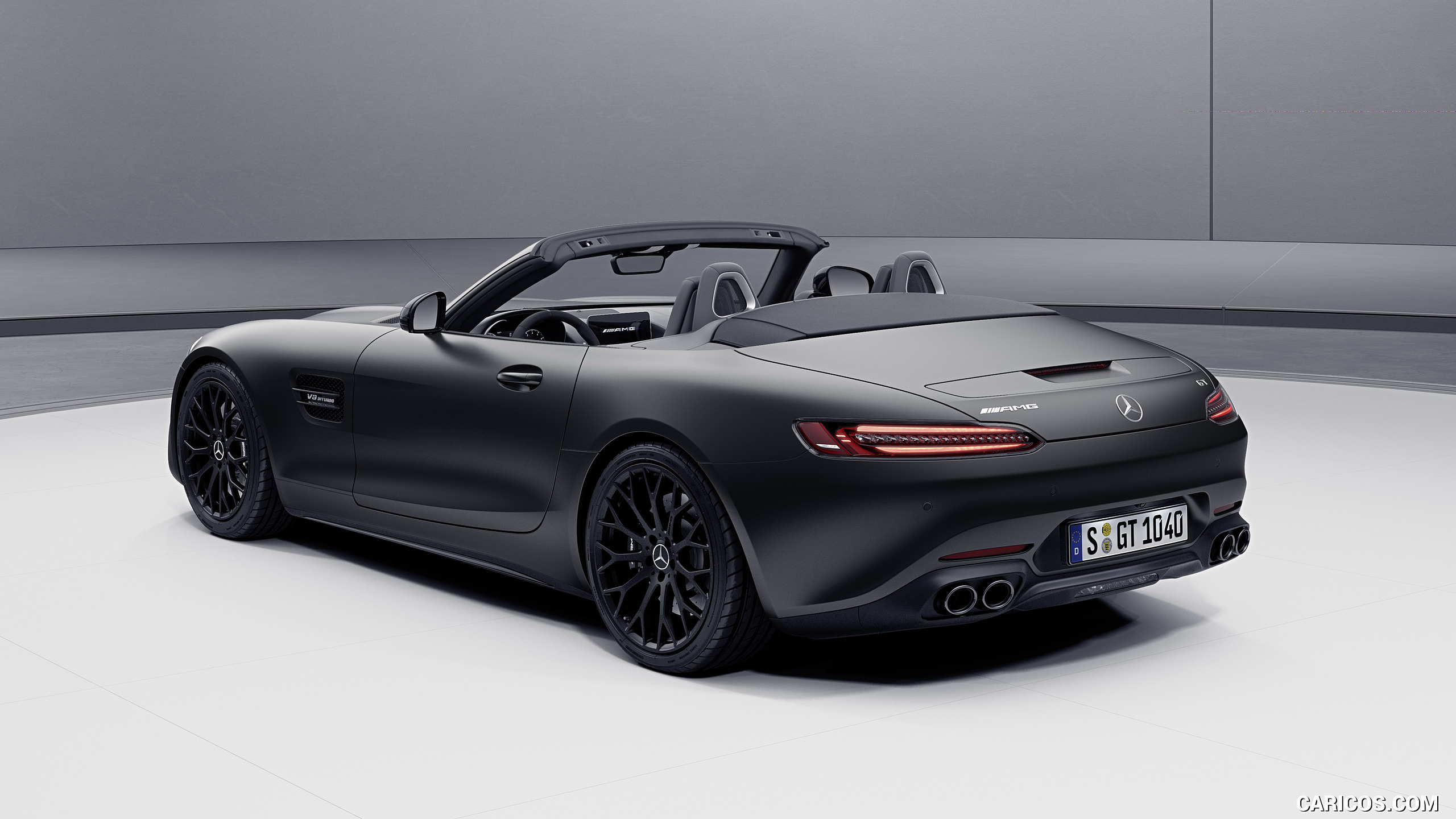 2021 Mercedes-AMG GT Coupe and Roadster Roadster Night Package (Color: Designo Graphite Grey Magno) - Rear Three-Quarter, #3 of 12