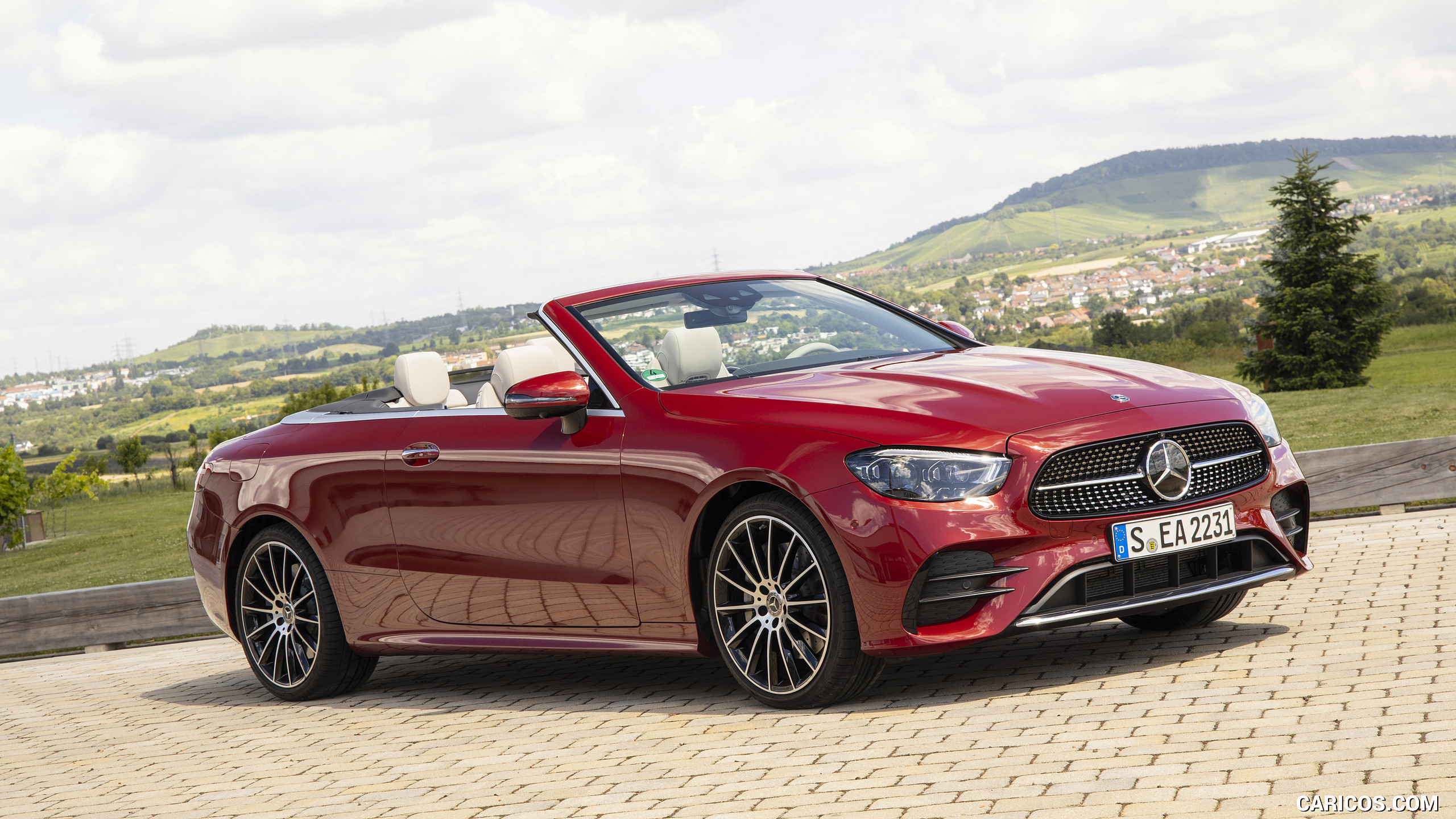 2021 Mercedes-Benz E 450 4MATIC Cabriolet (Color: Patagonia Red) - Front Three-Quarter, #33 of 55