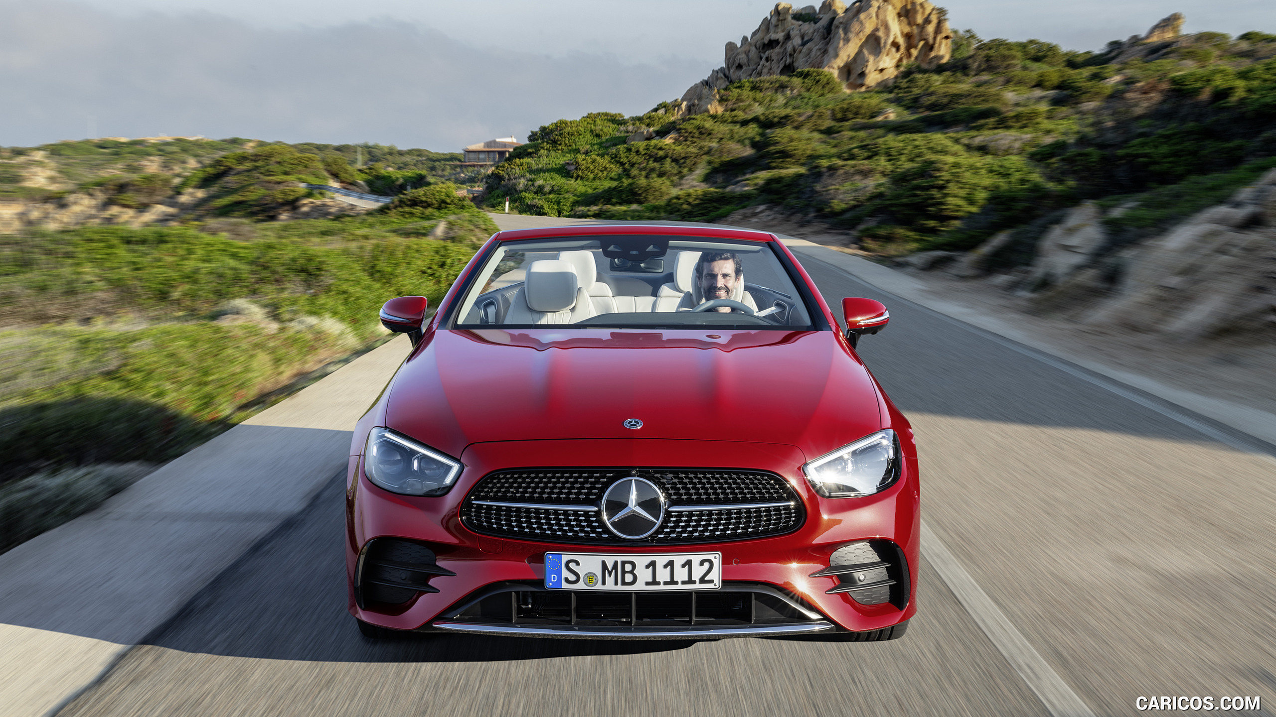2021 Mercedes-Benz E 450 4MATIC Cabriolet AMG Line (Color: Designo Hyacinth Red Metallic) - Front, #16 of 55