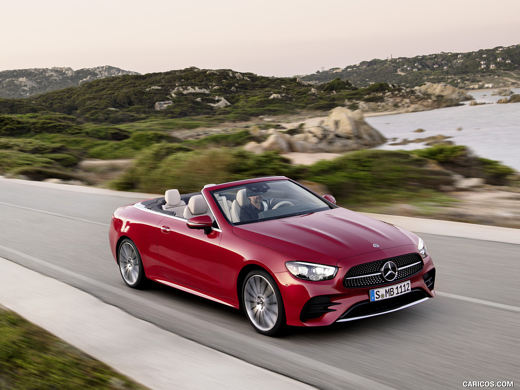 2021 Mercedes-Benz E 450 4MATIC Cabriolet AMG Line (Color: Designo Hyacinth Red Metallic) - Front Three-Quarter