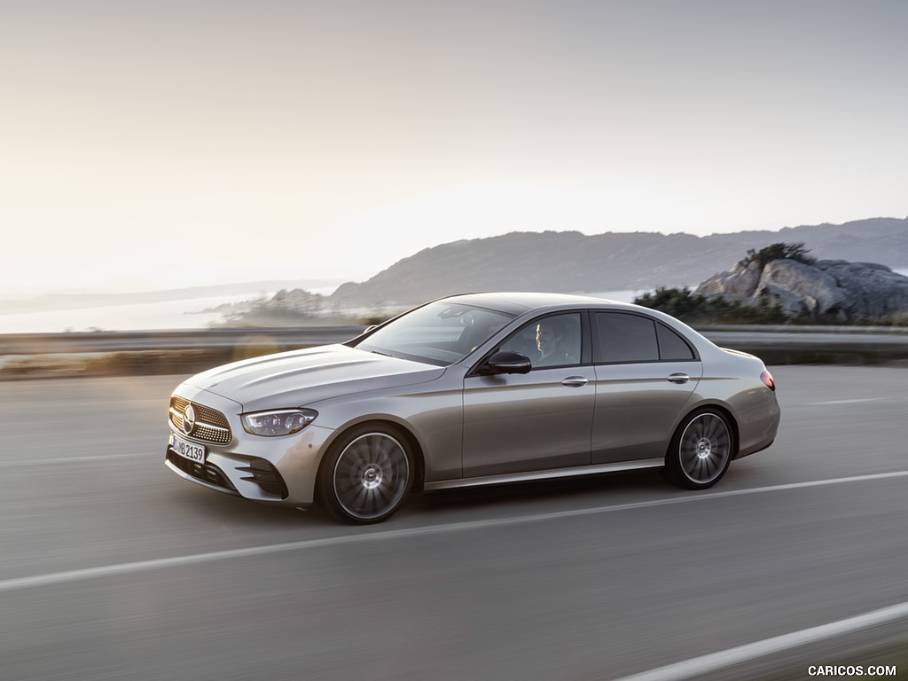 2021 Mercedes-Benz E-Class AMG line (Color: Mojave Silver Metallic) - Front Three-Quarter