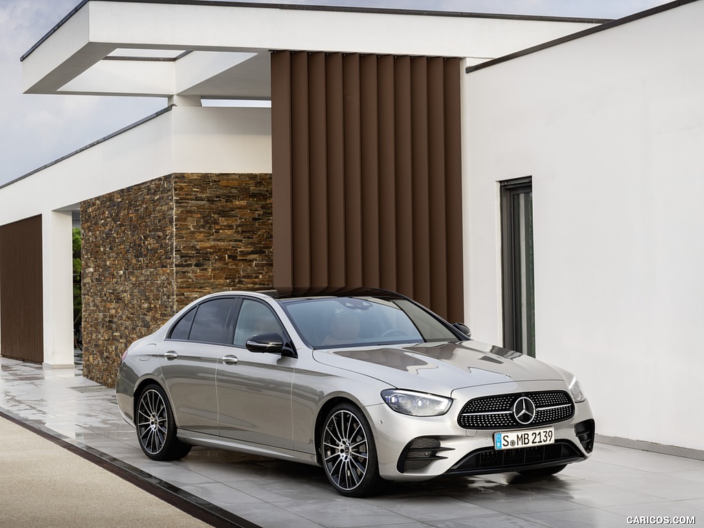 2021 Mercedes-Benz E-Class AMG line (Color: Mojave Silver Metallic) - Front Three-Quarter