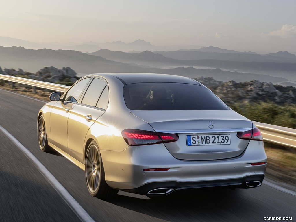 2021 Mercedes-Benz E-Class AMG line (Color: Mojave Silver Metallic) - Rear Three-Quarter