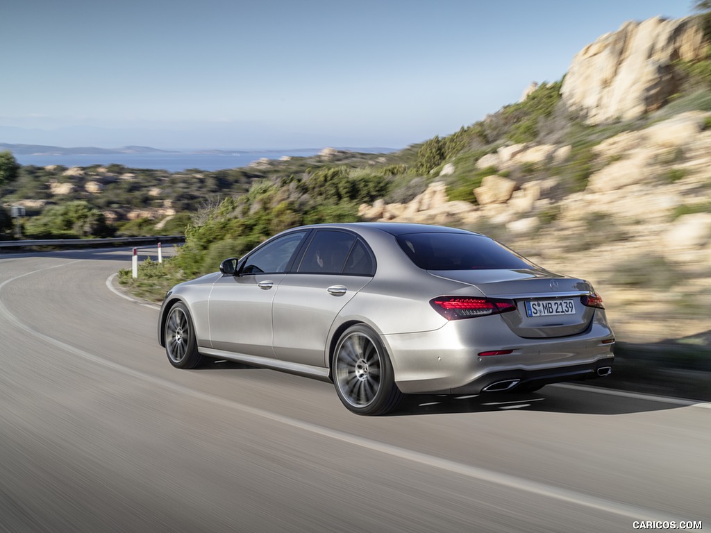 2021 Mercedes-Benz E-Class AMG line (Color: Mojave Silver Metallic) - Rear Three-Quarter