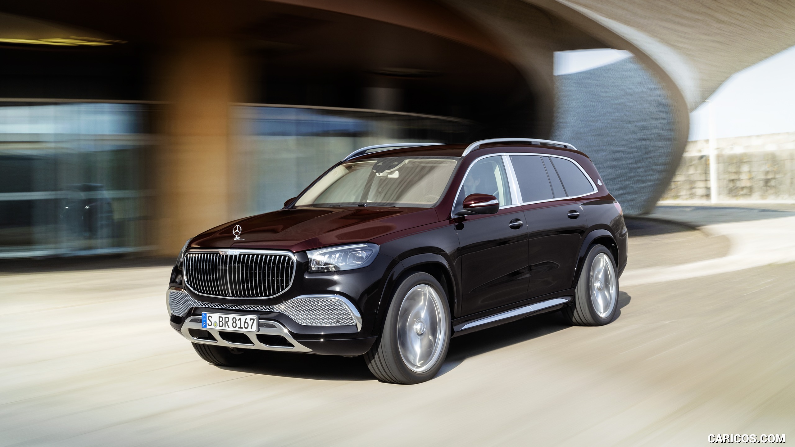 2021 Mercedes-Maybach GLS 600 (Color: Rubellite Red / Obsidian Black) - Front Three-Quarter, #6 of 297