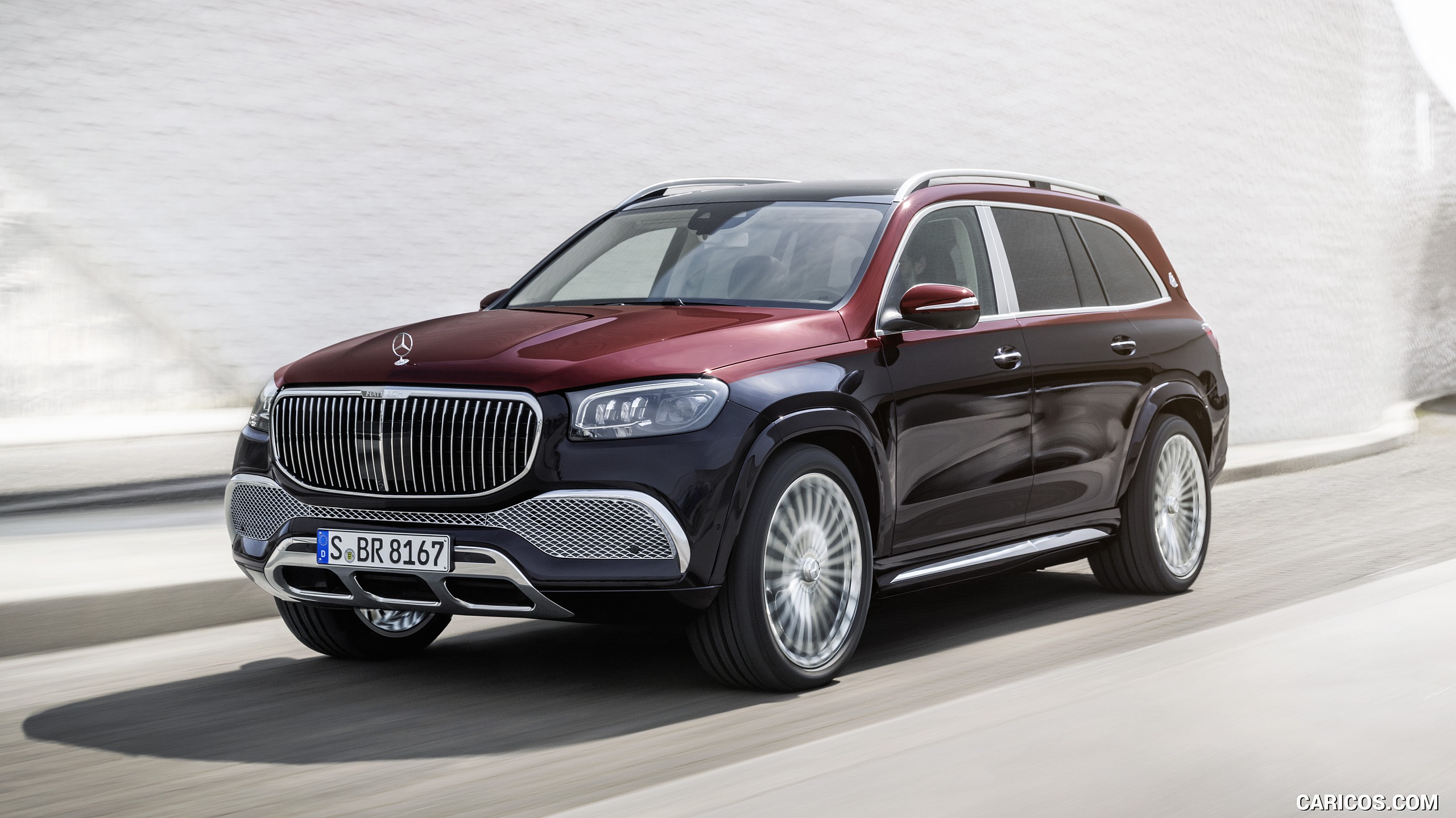 2021 Mercedes-Maybach GLS 600 (Color: Rubellite Red / Obsidian Black) - Front Three-Quarter, #8 of 297