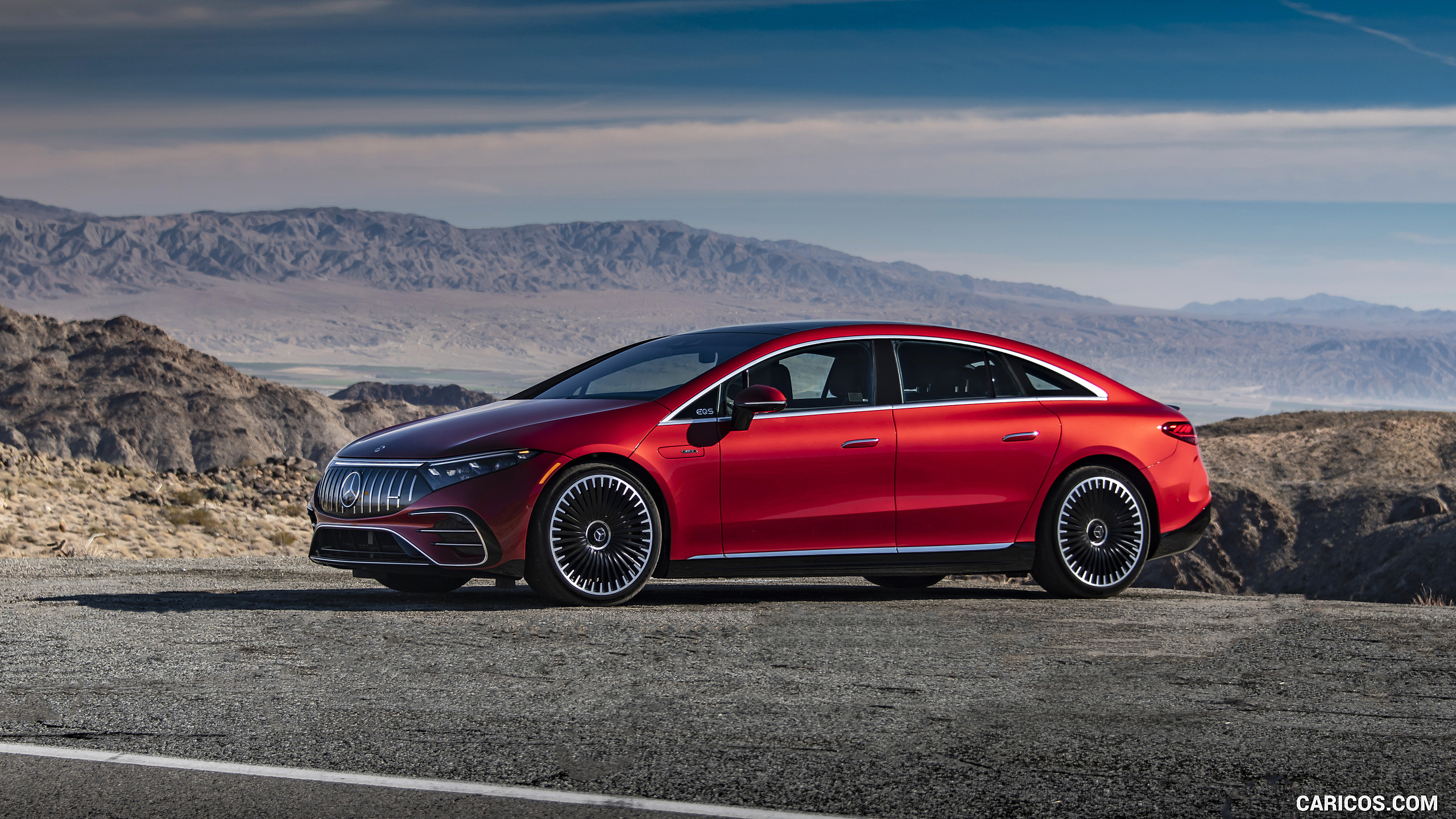 2022 Mercedes-AMG EQS 53 4MATIC+ (Color: Hyazinth Red Metallic) - Front Three-Quarter, #51 of 76