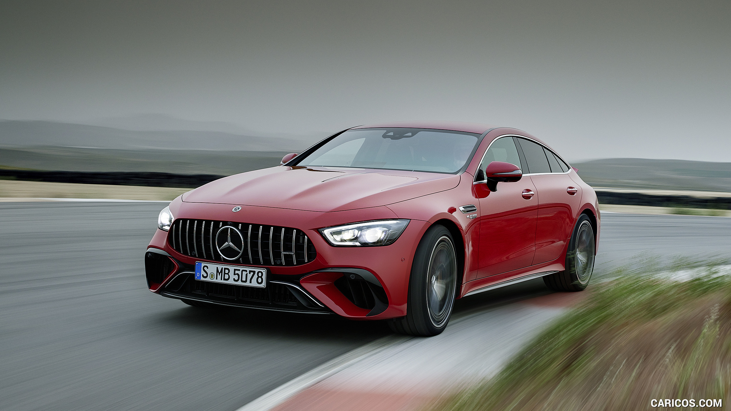 2022 Mercedes-AMG GT 63 S E Performance 4MATIC+ (Color: Jupiter Red) - Front Three-Quarter, #7 of 88