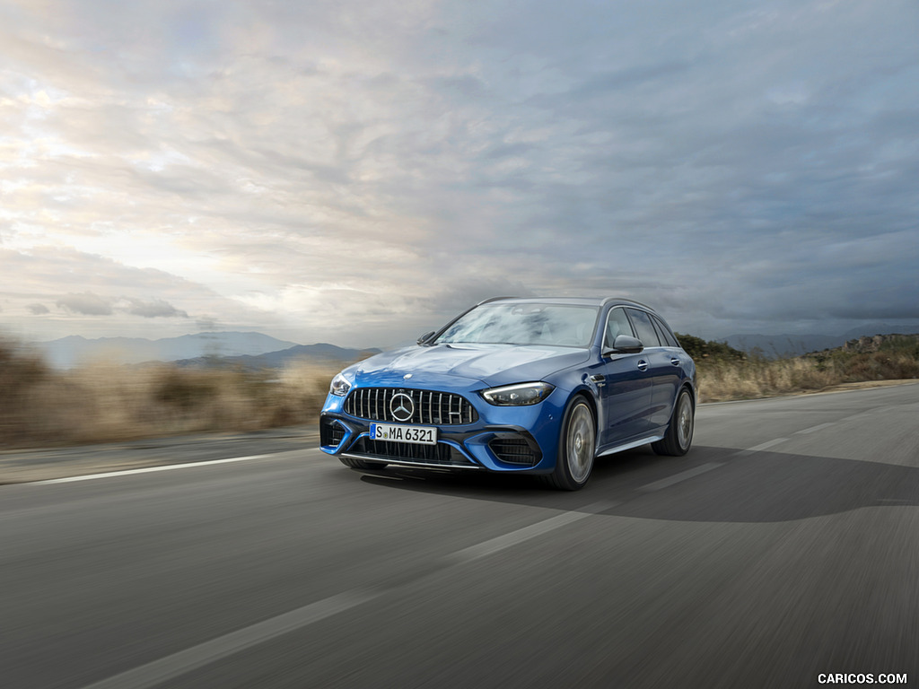 2023 Mercedes-AMG C 63 S E Performance Estate (Color: Spectral Blue Metallic) - Front Three-Quarter